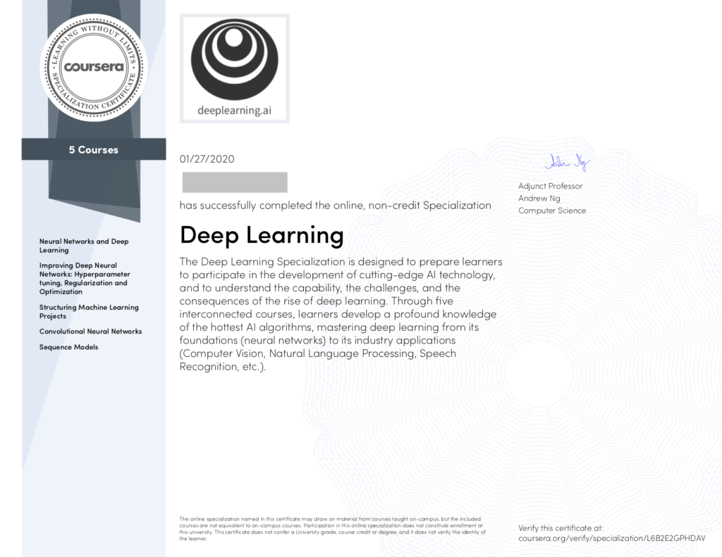 Coursera「ディープラーニング専門講座」修了証